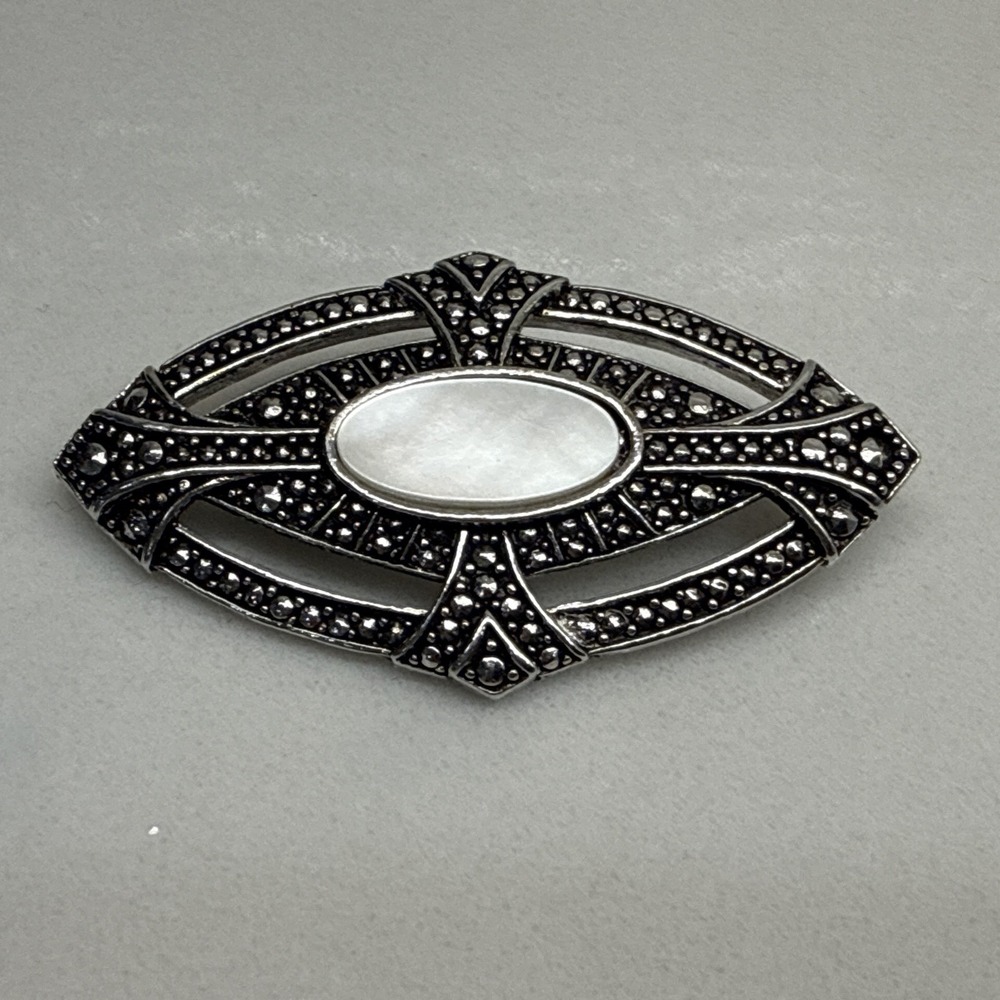Vintage Art Deco Style Mother of Pearl Marcasite Silver Tone Brooch Pin 2"